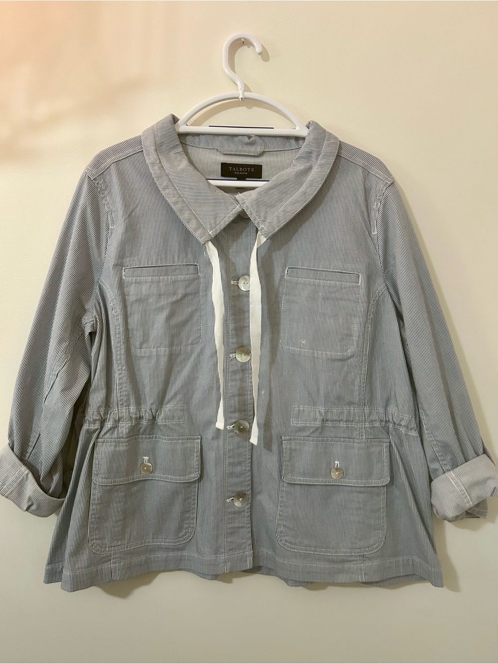 Talbots Pinstripe Utility Cargo Jacket Blue White 1X Petite